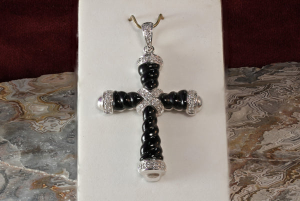 Sale! 14K White Gold Diamond and Onyx Cross