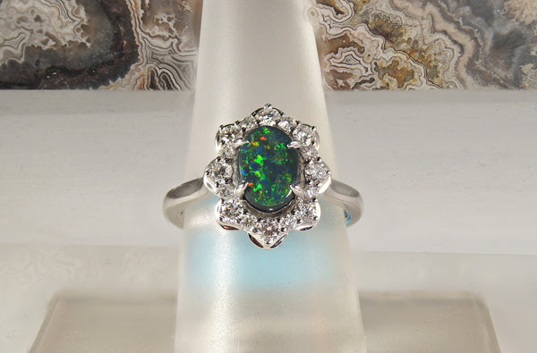 Black Opal Oval Ring with Diamond Halo