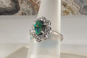 Black Opal Oval Ring with Diamond Halo